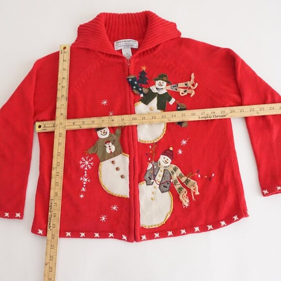 Vintage Tiara International Red Knit Embroidered Snowman Christmas Sweater PM - Picture 3 of 9
